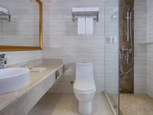 a bathroom with a toilet and a sink and a shower at Vienna International Hotel Guangdong Foshan Nanhai Heshun in Nanhai