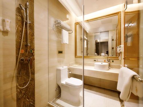 a bathroom with a toilet and a sink and a shower at Vienna Hotel Shaoguan Wuli Pavilion in Shaoguan