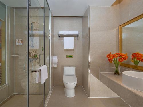 een badkamer met een toilet, een wastafel en een douche bij Vienna Hotel Foshan Lecong Furniture Mall in Shunde
