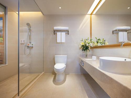 a bathroom with a toilet and a sink and a shower at Venus International Hotel Shenzhen Gongming Tianhong in Xitian