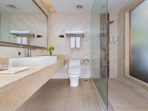 a bathroom with a toilet and a sink and a shower at Vienna Hotel Shenzhen Pingshan Shenshan Road in Longgang
