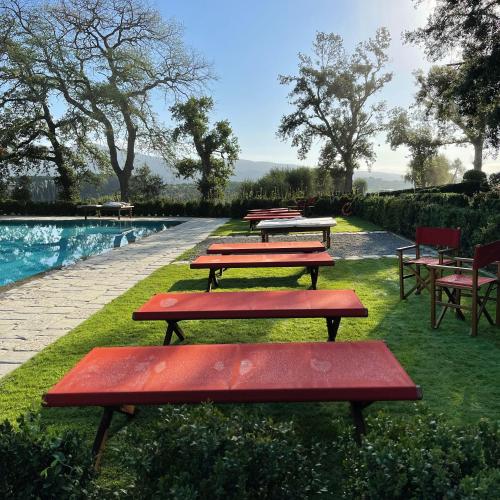 a row of picnic tables sitting next to a pool at Boutique Wine Resort - Villa Dianella in Vinci