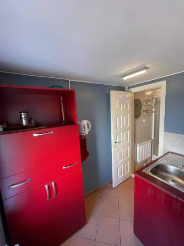 a red kitchen with a sink and a red refrigerator at Komfortita in Utena
