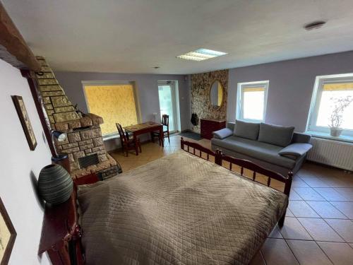 ein Wohnzimmer mit einem Sofa und einem Kamin in der Unterkunft Komfortita in Utena