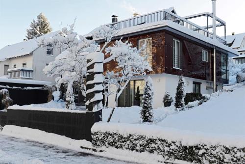 a house in the snow with snow covered trees at Ferienwohnung Rack in Wangen im Allgäu