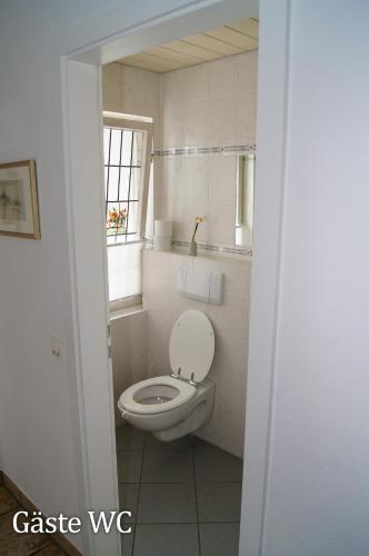 a bathroom with a toilet and a window at Wohnen im bergischen Fachwerk in Overath