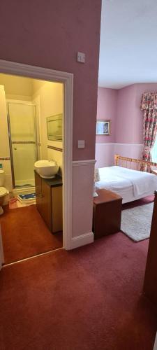 a bedroom with a bed and a sink and a mirror at Beach Cottage in Shanklin