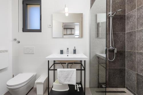 a bathroom with a sink and a toilet and a shower at Modern Alpine Monsalbius Chalet in Baške Oštarije