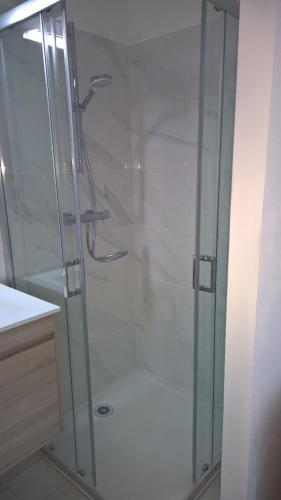 une douche avec une porte vitrée dans une salle de bain dans l'établissement LA MAISON DE GILYDIE, à Chabris