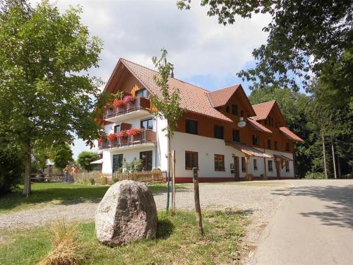 un grand bâtiment avec un rocher en face dans l'établissement Gasthof Grüner Baum "Kongo", à Amtzell