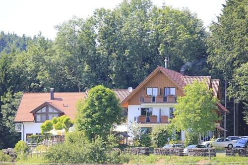 a large house with cars parked in front of it at Gasthof Grüner Baum "Kongo" in Amtzell