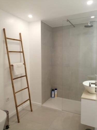 a bathroom with a ladder and a sink and a shower at CAIS DE APRESENTAÇÃO NO CORAÇÃO DE AVEIRO in Aveiro
