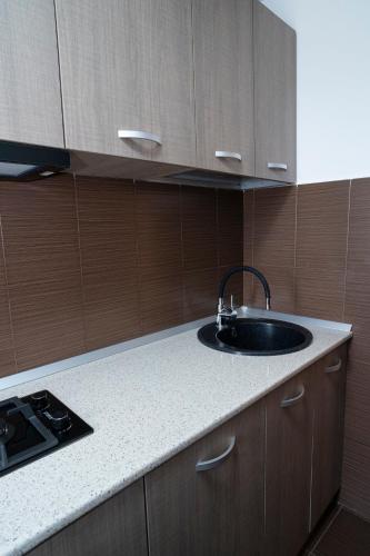 a kitchen with a sink and wooden cabinets at Garsoniera LUX Drumul Taberei in Bucharest