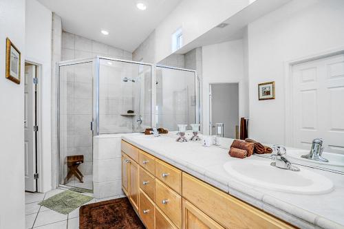 a bathroom with a sink and a shower at Tranquil Times in Palm Desert