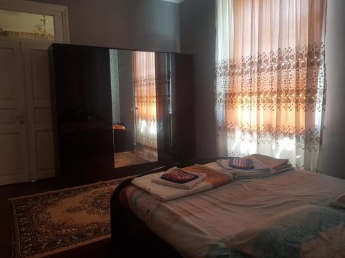 a bedroom with a bed with a large mirror at Guest House Adigeni in Adigeni