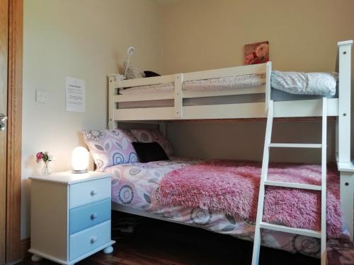 a bedroom with two bunk beds and a desk at Creevy Annex - 2 bedroom Self Catering Accomodation in Rake Street