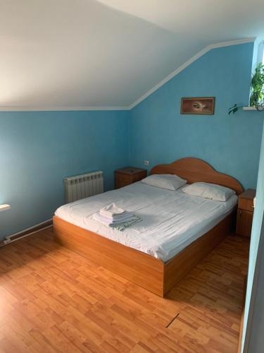 ヴォルゴグラードにあるホテル ナ ネシュダノヴォイ 13のベッドルーム1室(青い壁とウッドフロアのベッド1台付)