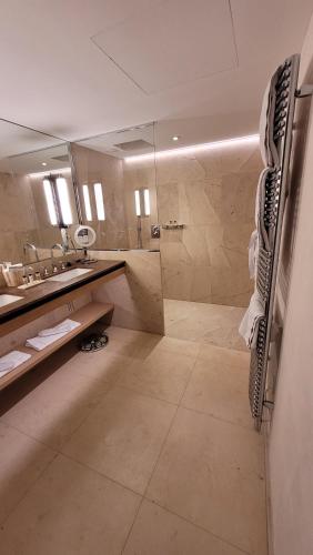 a bathroom with a shower and a sink and a mirror at Auberge Saint Walfrid Hôtel Restaurant & Spa in Sarreguemines