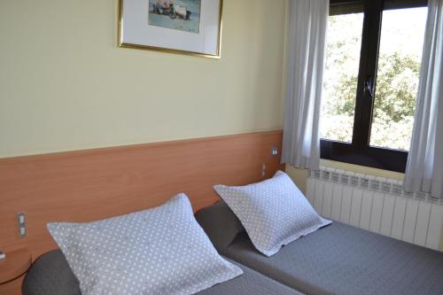 ein Schlafzimmer mit einem Bett mit zwei Kissen und einem Fenster in der Unterkunft Hostal Bartis in Figueres