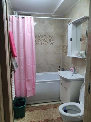 ein Badezimmer mit einem rosa Duschvorhang und einem WC in der Unterkunft Kriss Apartment Luxury in Târgu Jiu