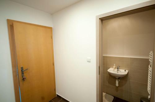 a bathroom with a sink and a wooden door at MAYTEX - ubytovanie v 46m2 apartmáne s balkónom in Liptovský Mikuláš