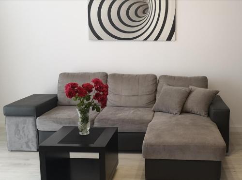 a living room with a couch and a vase of red roses at Apartament na Malczewskiego in Międzyrzecz