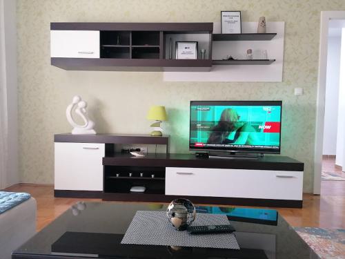 een woonkamer met een televisie op een tafel bij Apartman TOM Bijeljina in Bijeljina