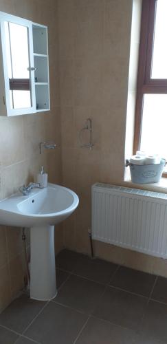 La salle de bains est pourvue d'un lavabo blanc et d'une fenêtre. dans l'établissement Murphys Irish Farmhouse, à Tralee