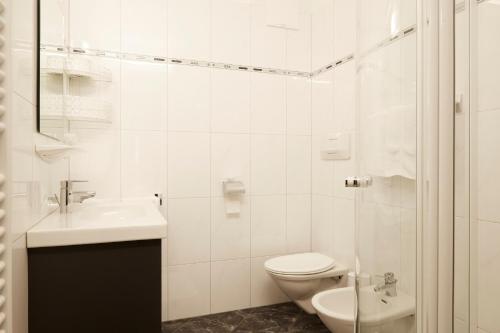 La salle de bains blanche est pourvue de toilettes et d'un lavabo. dans l'établissement Ferienwohnungen Haus Christine, à Rifiano