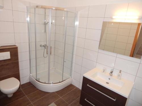 een badkamer met een douche, een toilet en een wastafel bij Sea Star Apartments Podstrana in Podstrana