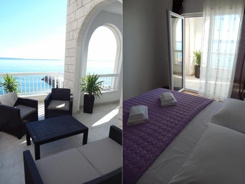 a bedroom with a bed and a balcony with the ocean at Sea Star Apartments Podstrana in Podstrana