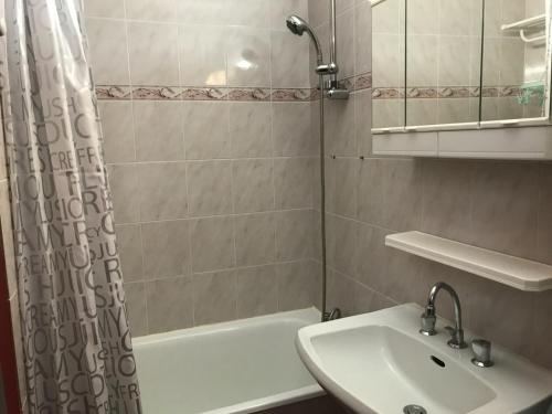 a bathroom with a sink and a shower curtain at Studio Corrençon-en-Vercors, 1 pièce, 4 personnes - FR-1-515-99 in Corrençon-en-Vercors