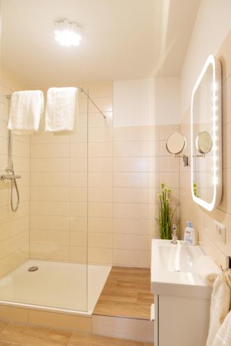 a bathroom with a shower and a tub and a sink at Ferienwohnung zum Marktplatz in Wernigerode