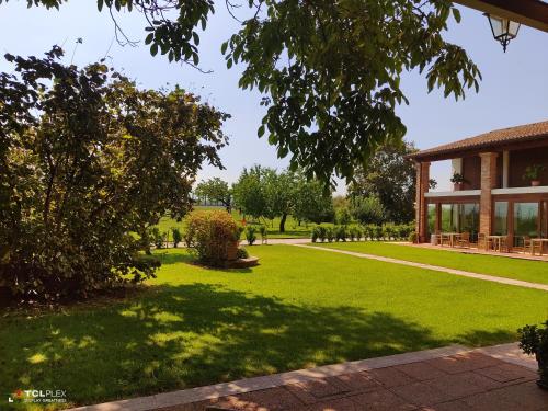a green yard with a building and a tree at Casa Lidia - ALLOGGI SMART in Breganze