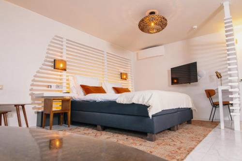 a bedroom with a bed and a desk and a tv at Nobel Hotel Ameland in Ballum