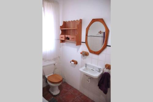 a bathroom with a toilet and a sink and a mirror at The Homestead - Simple Farm-Style Accommodation in Port Alfred