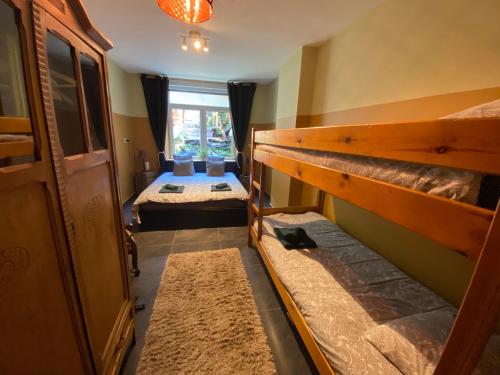 a room with two beds and a cat sitting on the floor at Berthe Artist House in La-Roche-en-Ardenne