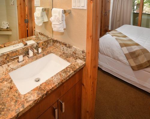 a bathroom with a sink and a bed at Lionshead Arcade #303 Condo in Vail
