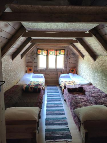 a row of beds in a room with windows at Dulović - KATUN POTOCI in Kolašin