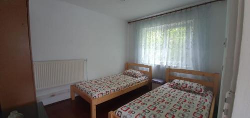 two beds in a small room with a window at Casa Pitaru in Calafat