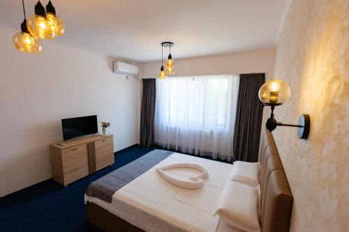 a hotel room with a bed and a television at Hotel Villa Ovidiu in Drobeta-Turnu Severin