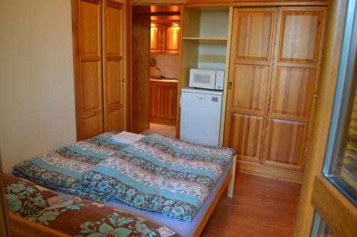 Dormitorio pequeño con cama y nevera en Apartmán v Tatranskej Lomnici, Dinda 127, en Tatranská Lomnica