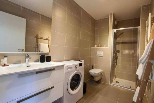 une salle de bain avec machine à laver et toilettes dans l'établissement Le Bohème Beau T2 vue lac & montagnes + garage, à Annecy