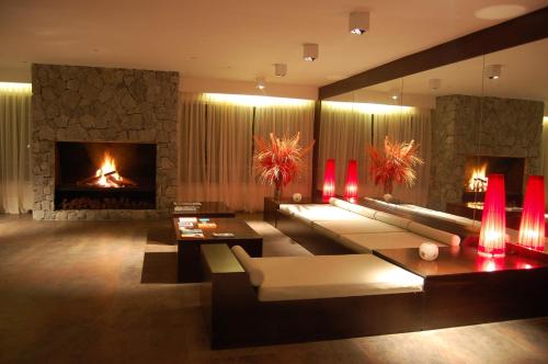 sala de estar con chimenea y sofá en Careyes Villa de Mar & Spa en Mar de las Pampas