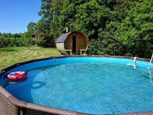 een groot zwembad met een sauna in de tuin bij Toomalõuka Tourist Farm in Toomalõuka