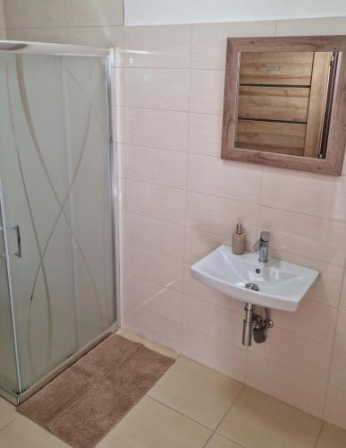 a bathroom with a sink and a shower at Kasnyik winery in Strekov