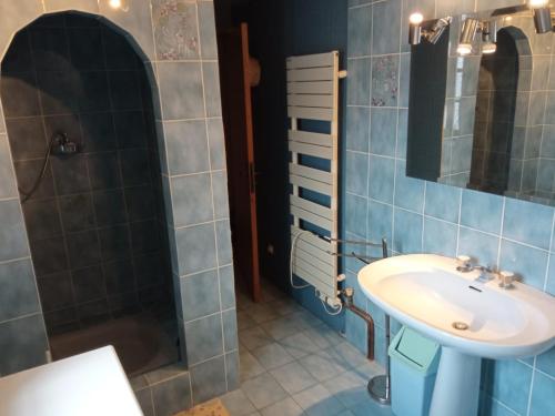 une salle de bain avec un lavabo et une douche dans l'établissement Vacances à la campagne, à Varen