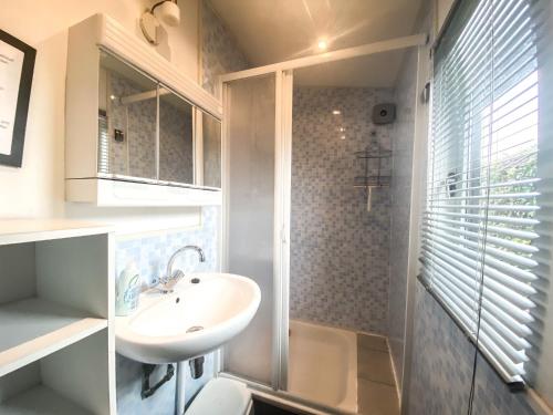 a bathroom with a sink and a shower at Bungalow OK03 Burgvliet Oostkapelle in Oostkapelle