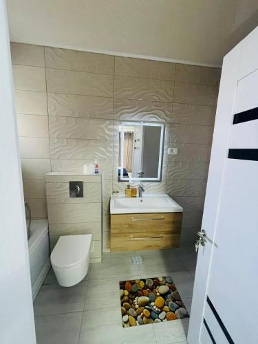 a bathroom with a toilet and a sink and a mirror at Vila LaDom Etajul 1 in Mamaia Sat/Năvodari
