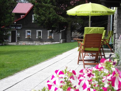 einen Stuhl und einen Regenschirm und ein paar rosa Blumen in der Unterkunft Pension Arabela in Harrachov